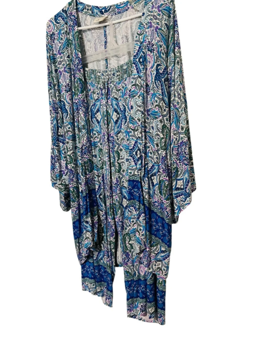 Soma Cool Night 2pc Robe Pajama Set Medium  Folklore Blue Kimono Wrap Crop Pant